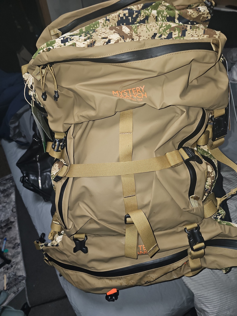 MYSTERY RANCH Marshall 105 Tan Backpack with Multi-Camo Accents